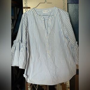 Blue 3/4 Sleeve Ruffled Blouse with Mandarin Collar